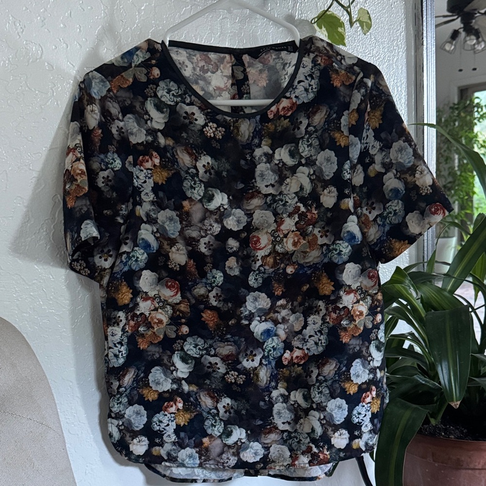 Zara Black Floral Short-Sleeve Top with Multi-Colored Blooms
